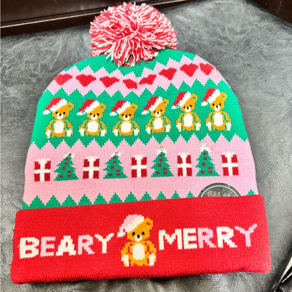 Beary Merry Holiday Beanie - Red, Green, Pink